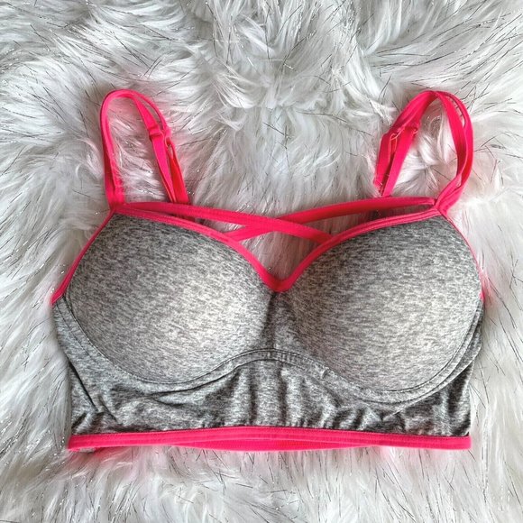 Victoria's Secret Pink Bra Bralette Small Gray Pink Cage Criss Cross Strappy - Picture 1 of 8
